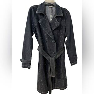 Vintage Stylish Indigo Denim Rhinestones Utility Trench Coat Size Small/Medium